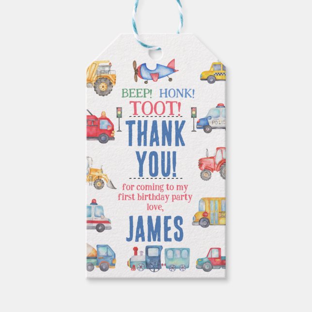 Modern Boys Transport 1st Birthday Thank You Tag (Front)