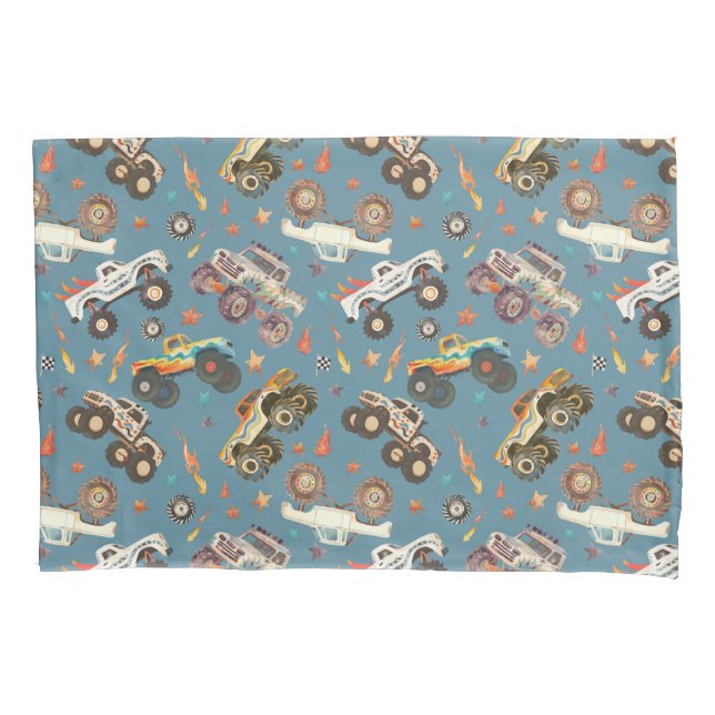 Modern Boys Watercolor Monster Trucks Pattern  Pillow Case (Front)