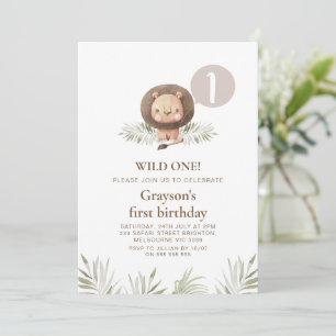 Modern Boys Wild One Lion Foliage 1st Birthday Invitation