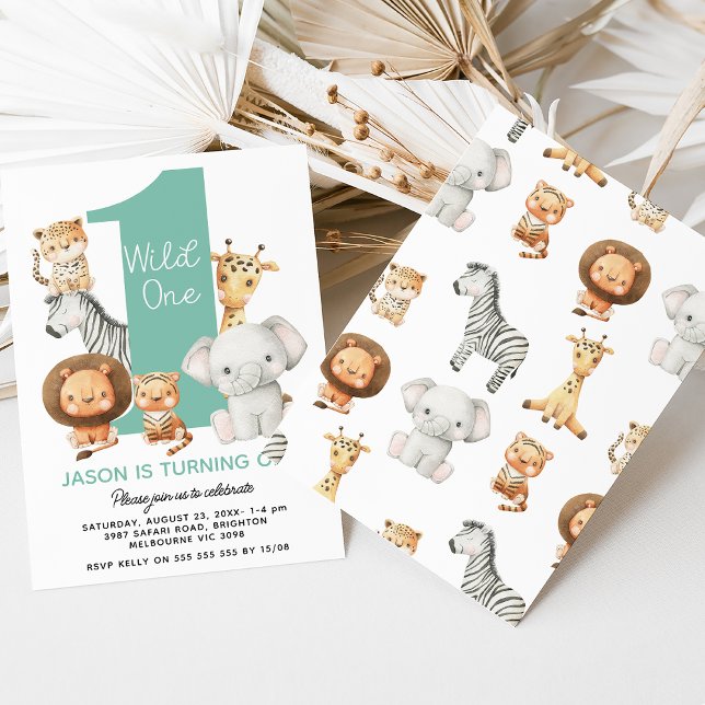 Modern Boys Wild One Safari Animals 1st Birthday Invitation (Wild one themed boys 1st birthday invitation with cute safari animals and large number.)