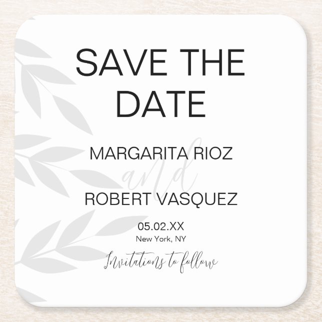 Modern Branch Gray White Script Save the Dates Inv Square Paper Coaster (Front)