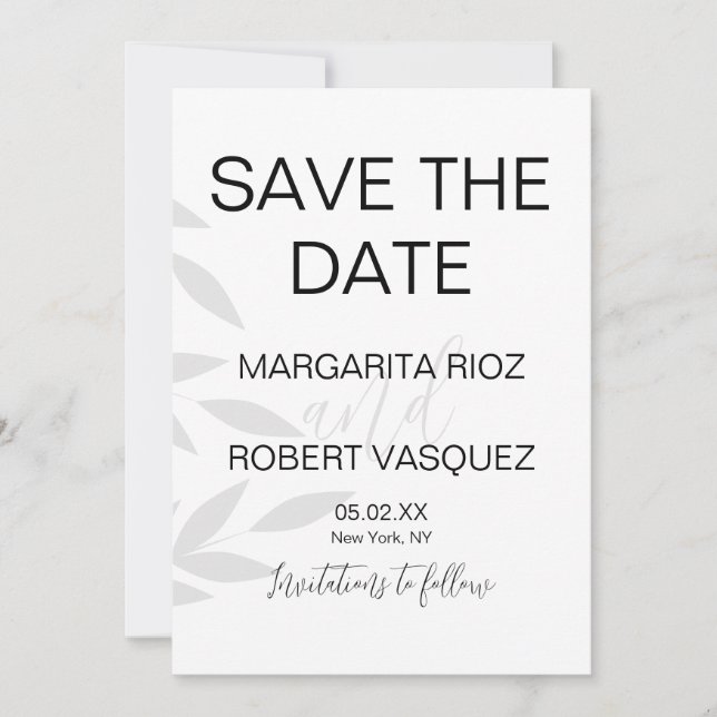 Modern Branch Gray White Script Save the Dates Invitation (Front)