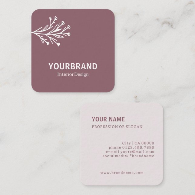 Modern Branch Interior Design Dusty Pink Lilac Square Business Card (Front/Back)