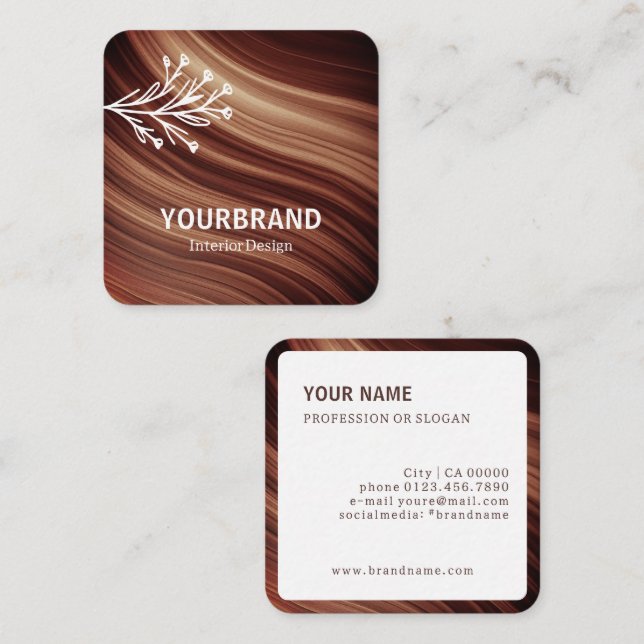 Modern Branch Mahaghoni Wood Brown Wavy Pattern Square Business Card (Front/Back)