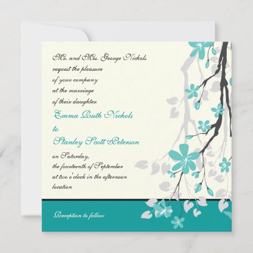 Magnolia branch turquoise wedding invitation