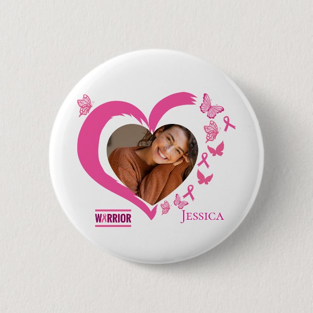 Modern Breast Cancer Custom Heart Photo Name  Button (Front)
