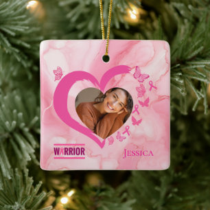 Modern Breast Cancer Custom Heart Photo Name  Ceramic Ornament