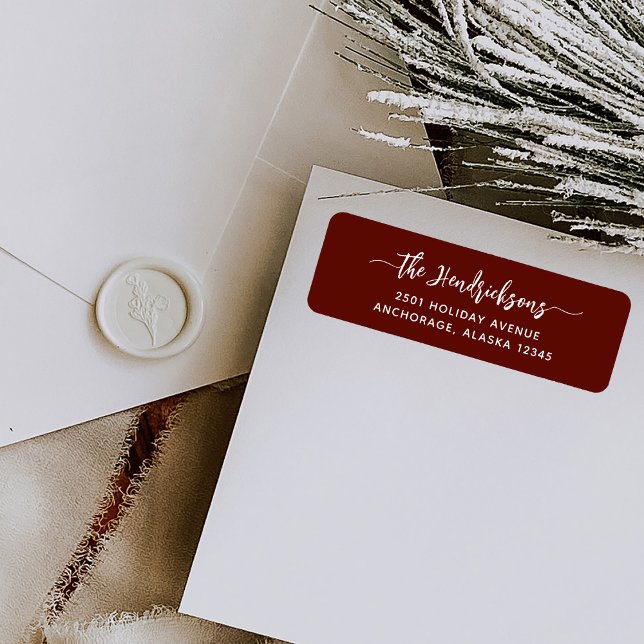 Modern Brick Red Script | Family Christmas Label (A whimsical Christmas return address label with trendy script)