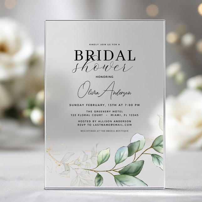 Modern Bridal Shower Botanical Eucalyptus Rustic Acrylic Invitations (Creator Uploaded)