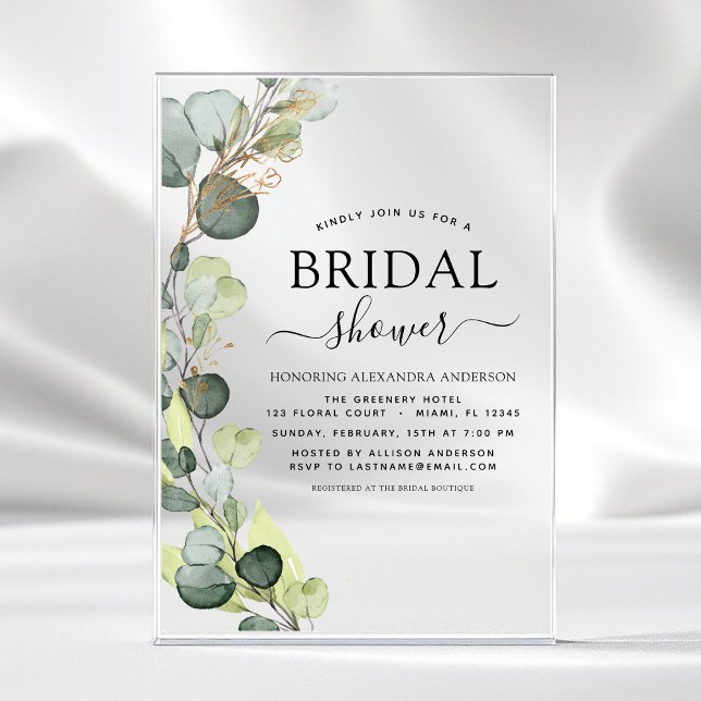 Modern Bridal Shower Botanical Eucalyptus Rustic Acrylic Invitations (Creator Uploaded)
