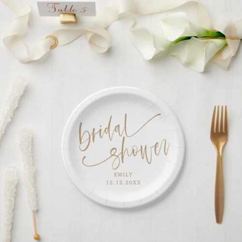 Modern Bridal Shower Gold Script  White Paper Plates