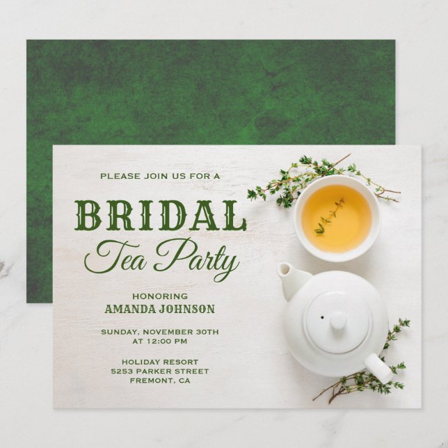 Modern Bridal Shower Green Tea Party Invitation (Front/Back)