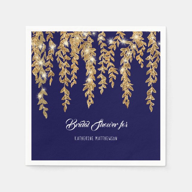 Modern Bridal Shower Navy Gold Twinkle Lights Leaf Paper Napkins (Front)