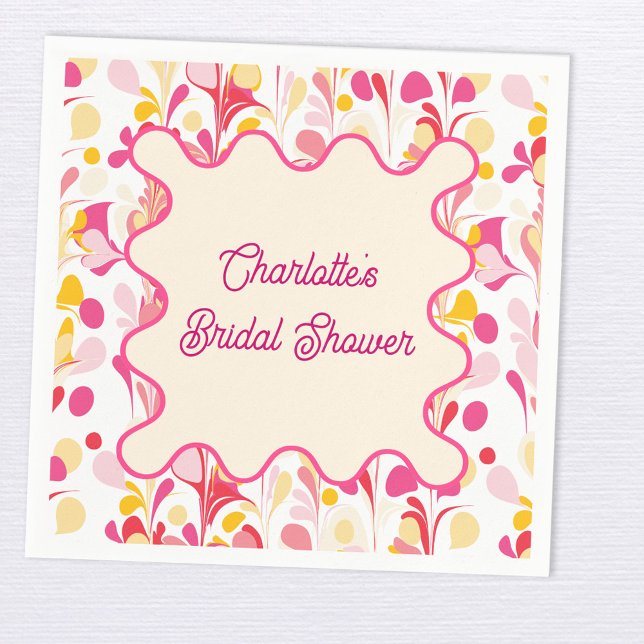 Modern Bridal Shower Retro Abstract Pink Wavy Napkins (Modern abstract groovy abstract wavy personalized bridal shower party paper napkin)