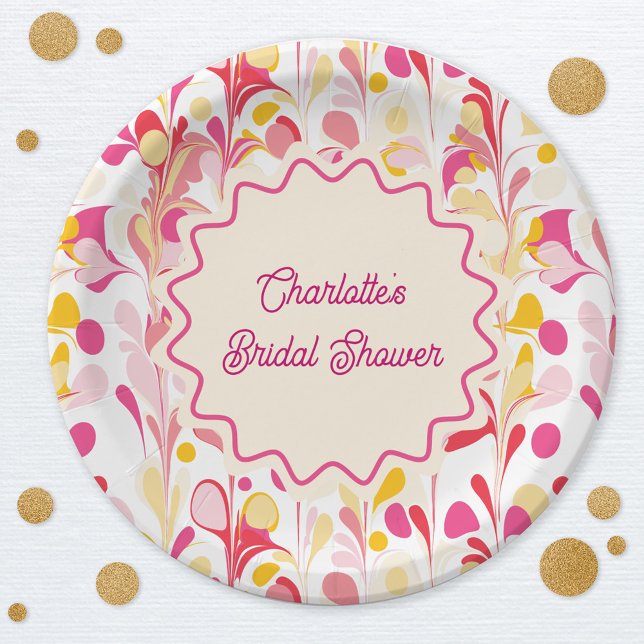 Modern Bridal Shower Retro Abstract Pink Wavy Paper Plates (Modern abstract groovy abstract wavy personalized bridal shower party paper plates)