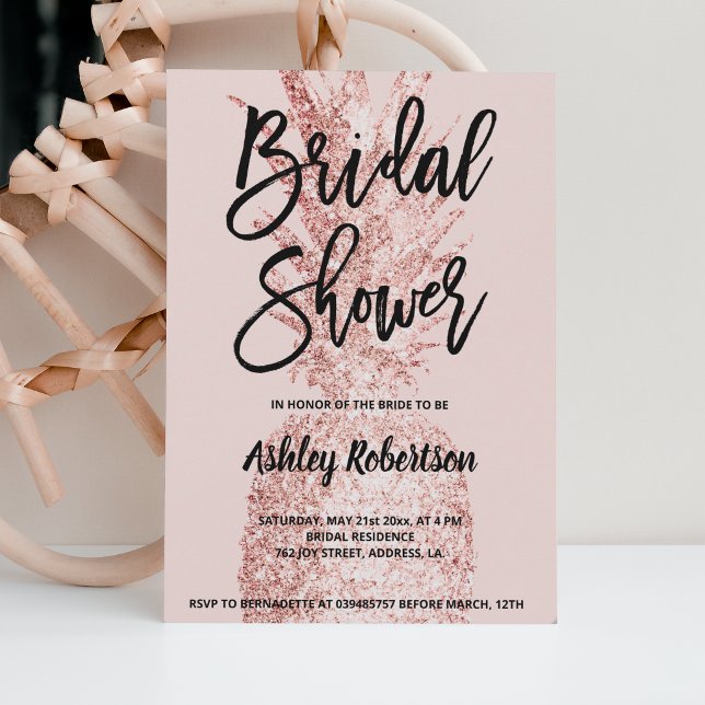 Modern bridal shower rose gold glitter pineapple invitation