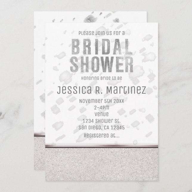 Modern Bridal Shower Silver Rain Invitations (Front/Back)