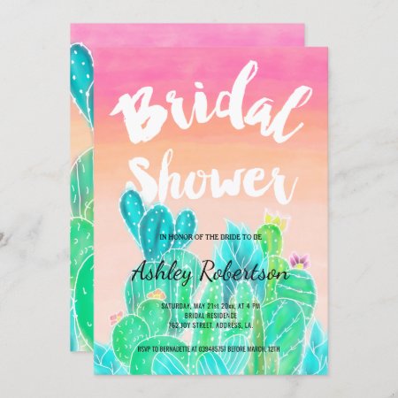 Modern Bridal Shower Spring Watercolor Cacti Invitation