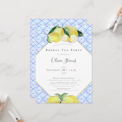 Modern Bridal Tea Party Yellow Lemons Shower Invitation