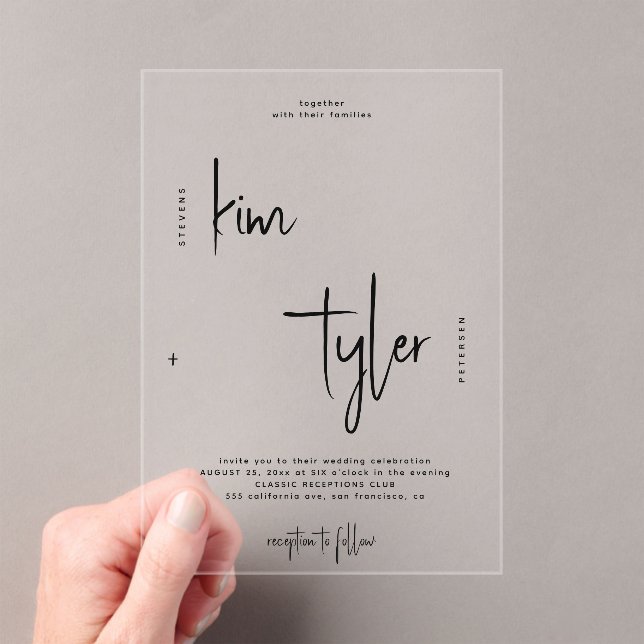 Modern bride and groom script names wedding acrylic invitations (Insitu (Handheld))