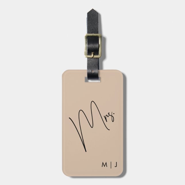 Modern Bride | Beige + Black Script Luggage Tag (Front Vertical)