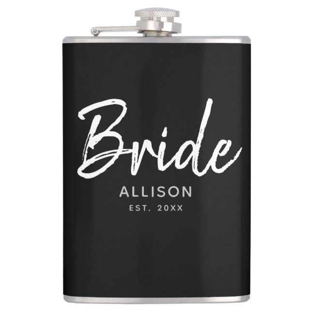 Modern Bride Black White Script Personalized Name Flask (Front)