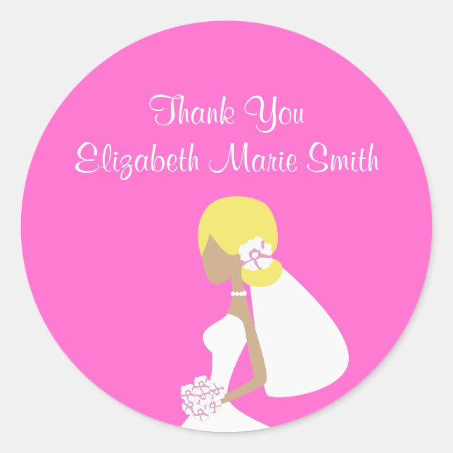 Modern Bride Blond Silhouette Sticker-Pink Classic Round Sticker (Front)