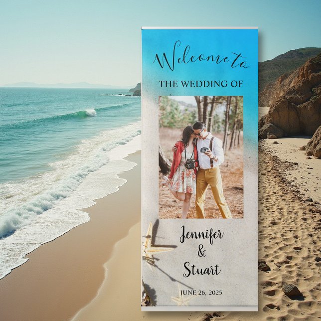 Modern bride groom photo tropical beach wedding retractable banner (Modern bride groom photo tropical beach wedding retractable banner.)