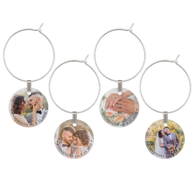 Modern Bride Groom Simple 4 Photo Wedding Wine Charm (Staggered)