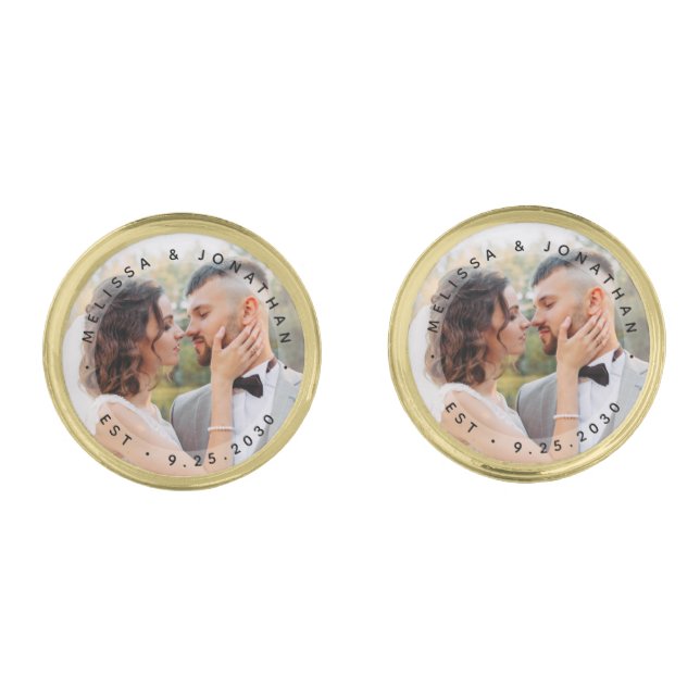 Modern Bride Groom Simple Photo Wedding Gold  Cufflinks (Front)