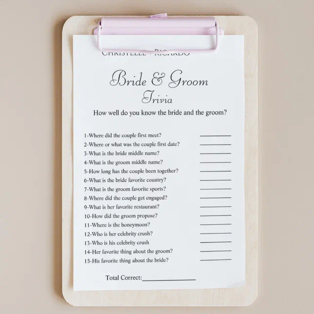 Modern bride & groom trivia bridal shower game announcement Zazzle