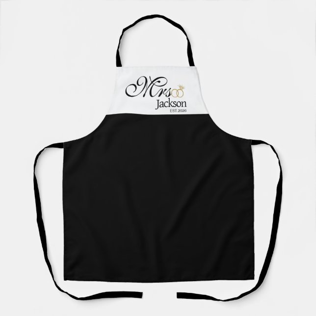 Modern Bride Name Wedding Ring Date Black Text Apron (Front)