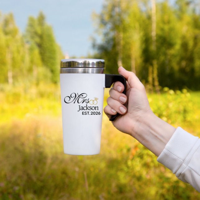 Modern Bride Name Wedding Ring Date Black Text Travel Mug (Wedding bride name travel mug)