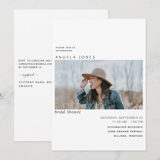 Modern Bride Photo Bridal Simple White Invitation (Front/Back)