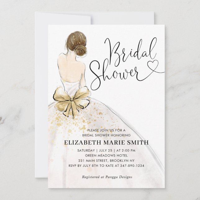 Modern Bride White Gold Wedding Gown Bridal Shower Invitation (Front)