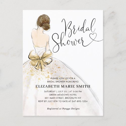 Modern Bride White Gold Wedding Gown Bridal Shower Postcard