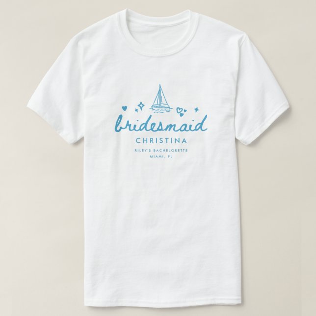 Modern Bridesmaid Blue Script Lake Bachelorette T-Shirt (Design Front)