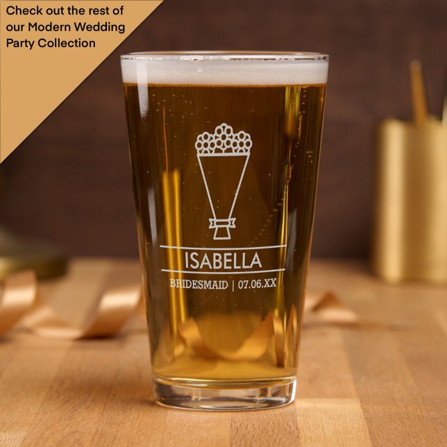 Modern Bridesmaid Custom Name with Bouquet Pint Glass (Creator Uploaded)