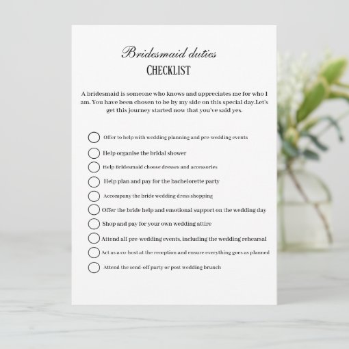 Modern Bridesmaid duties checklist, party info Invitation | Zazzle
