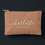 Modern Bridesmaid Gift Caramel Favor  Accessory Pouch<br><div class="desc">This Bridesmaid accessory bag features a handwritten white script typography with swashes on a caramel background. Present your bridesmaids with a toiletry bag for their makeup and small items traditionally presented at the rehearsal dinner,  for use in the early morning before the wedding.</div>