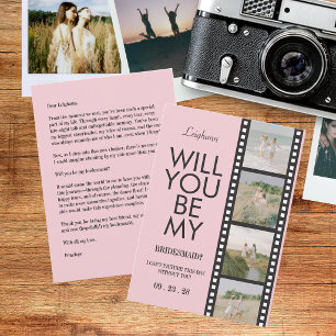 Modern Bridesmaid Photo Proposal Pink Reel Invitation
