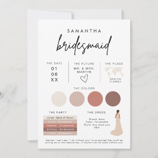 Modern Bridesmaid PhotoInfo Color Palette Proposal Invitation | Zazzle