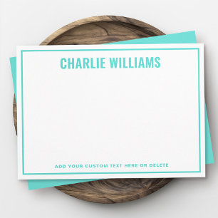 Modern bright aqua blue name border blank note card