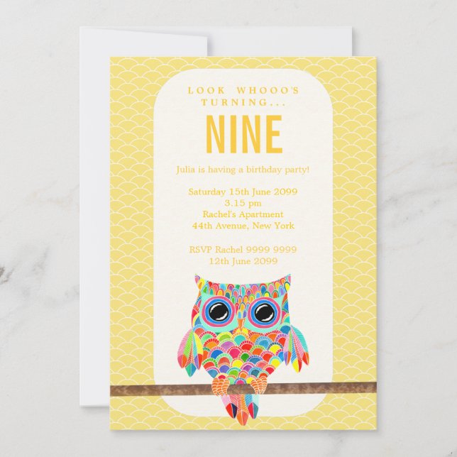 Modern Bright Birthday Party Rainbow Owl Invite (Front)