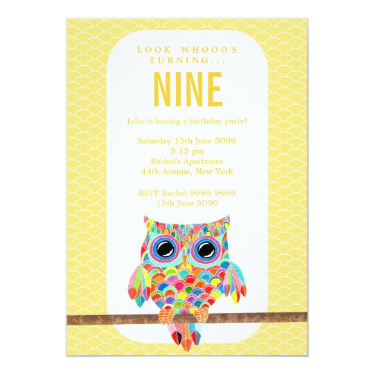 Modern Bright Birthday Party Rainbow Owl Invite