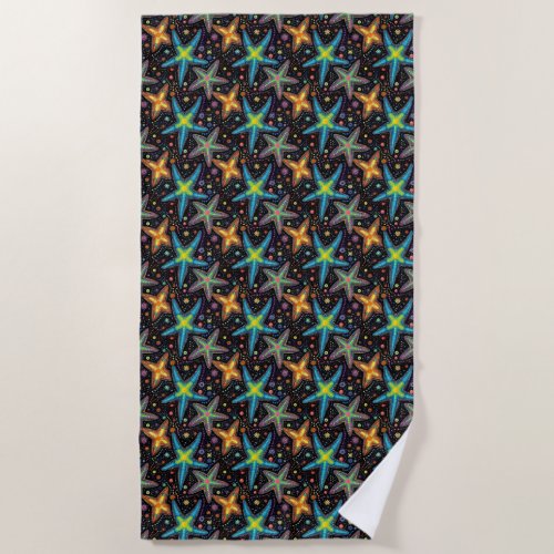 Modern bright black starfish pattern beach towel