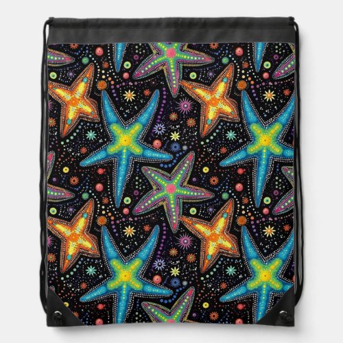 Modern bright black starfish pattern drawstring bag