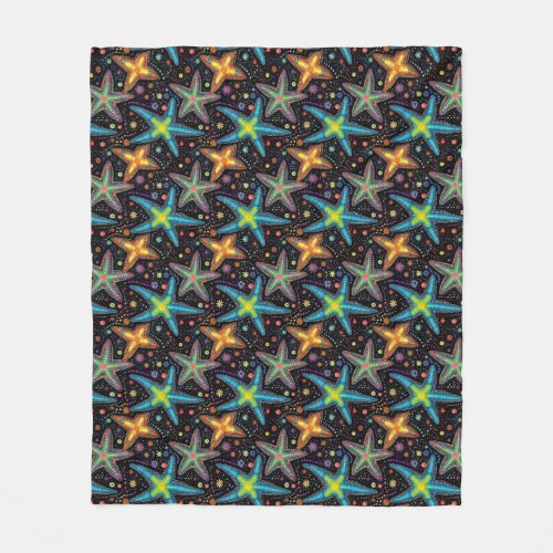 Modern bright black starfish pattern fleece blanket