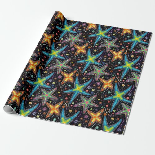Modern bright black starfish pattern wrapping paper