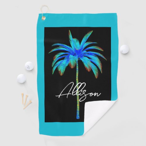 Modern Bright Blue Tropical Palm Tree Script Name  Golf Towel